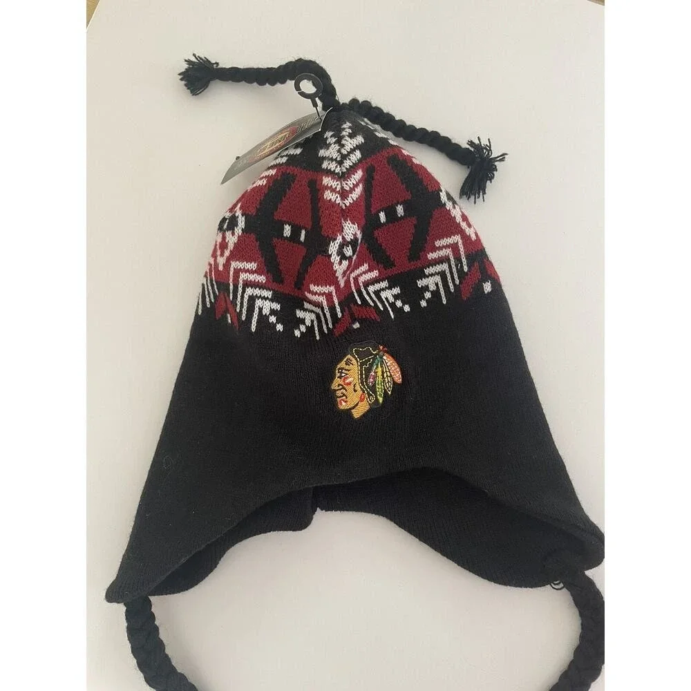 Old Time Hockey Chicago Blackhawks NHL Earflap Beanie Knit‎ Tassel Hat New